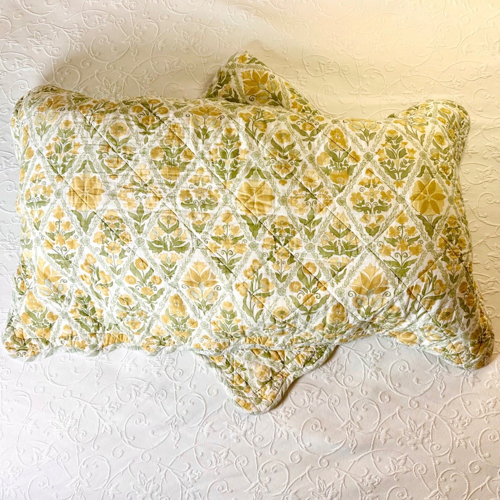 2 King Rachel Zoe Yellow Green Floral Quilted Pillow Shams Reversible Striped